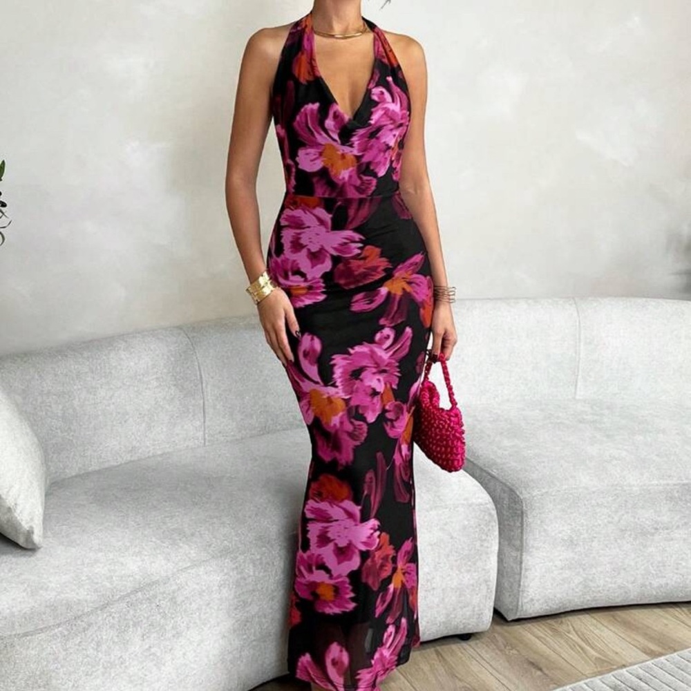 Black Maxi Dress with Pink and Orange Floral Design
